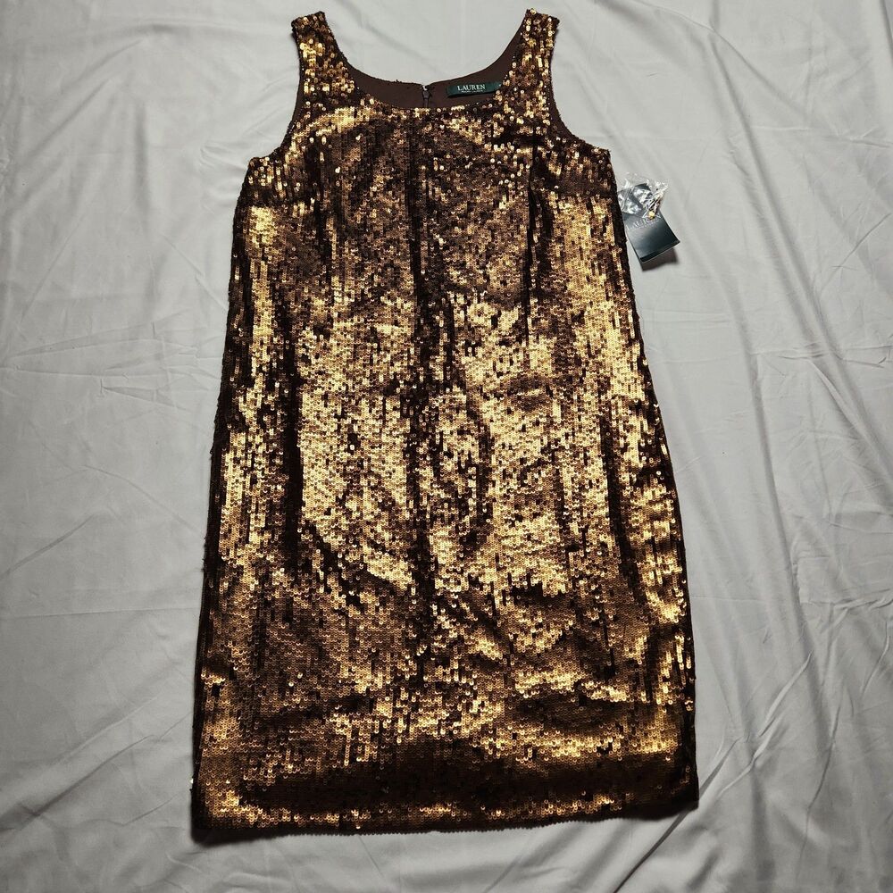 NWT Lauren Ralph Lauren Womens 6 Sequin Scoop Neck Sleeveless Mini Dress Copper